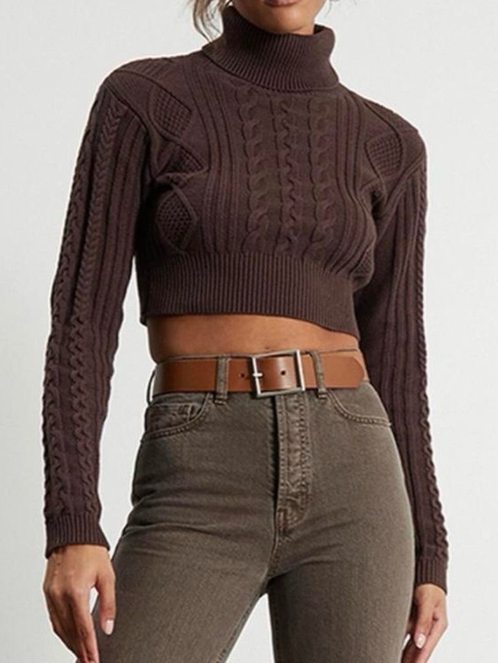 Cropped Cable Knit Turtleneck Sweater - Brown